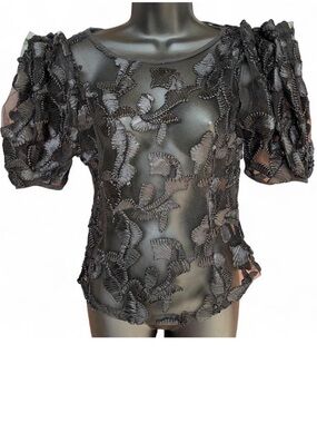 Gracia Black Sheer Appliqué Puff Sleeve Top